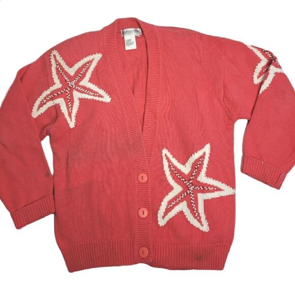 Vintage Sweaters - VINTAGE 90s cardigan coral‎ beaded starfish button up sweater L